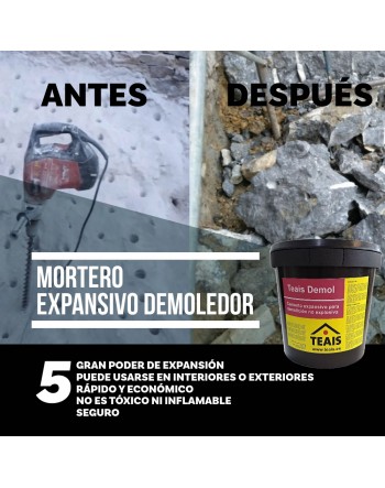 Proceso explicativo del efecto del cemento expansivo demoledor de teais con el antes y el después de la demolició.