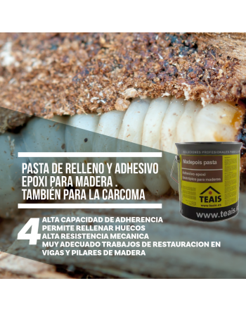 Madera atacada por la carcoma ejemplo practico de aplicación de Resina epoxica utilizada como pasta para madera.