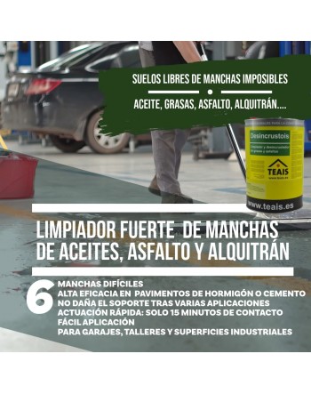 Propiedades y ejemplo de aplicación del limpiador de suelos con manchas de aceites, grasas, asfalto y alquitrán en un garaje.