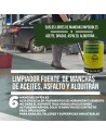 Propiedades y ejemplo de aplicación del limpiador de suelos con manchas de aceites, grasas, asfalto y alquitrán en un garaje.
