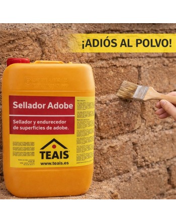 aplicación del sellador en una pared de adobe, el envase y una brocha