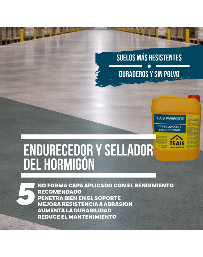 sellador y endurecedor aplicado a un suelo de garaje con las ventajas en texto.