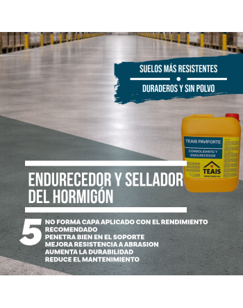 sellador y endurecedor aplicado a un suelo de garaje con las ventajas en texto.