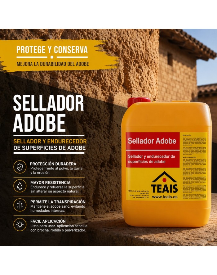 Envase del Sellador de adobe TEAIS sobre una pared y casa de adobe ideal  para su aplicación y protección