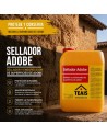 Envase del Sellador de adobe TEAIS sobre una pared y casa de adobe ideal  para su aplicación y protección