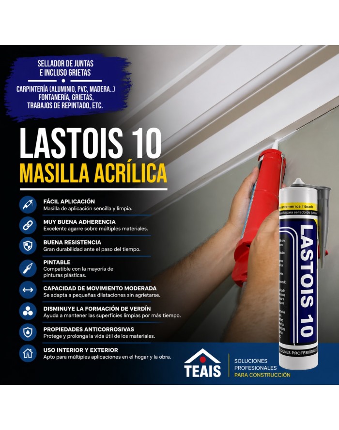 Masilla acrílica LASTOIS 10 TEAIS con buena adherencia y durabilidad.