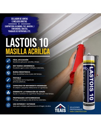 Masilla acrílica LASTOIS 10 TEAIS con buena adherencia y durabilidad.