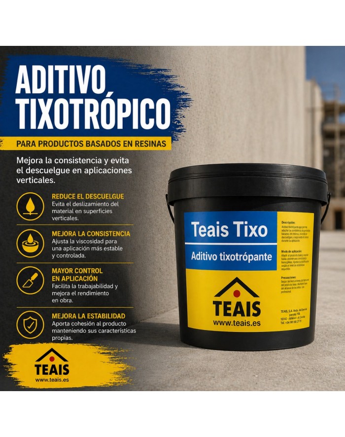 Aditivo tixotrópico para resinas TEAIS TIXO en cubo sobre fondo de obra