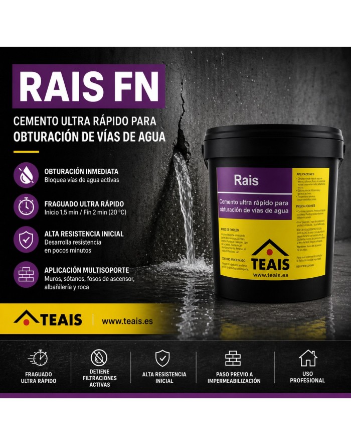 Envase y ventajas del cemento ultra rápido para la obturación de vías de agua, RAIS