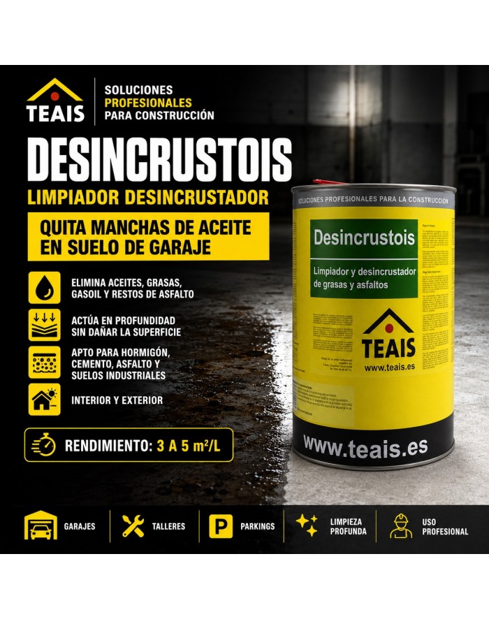 Propiedades, usos, rendimiento y  aplicación del limpiador de suelos con manchas de aceites, asfalto y alquitrán en un garaje.