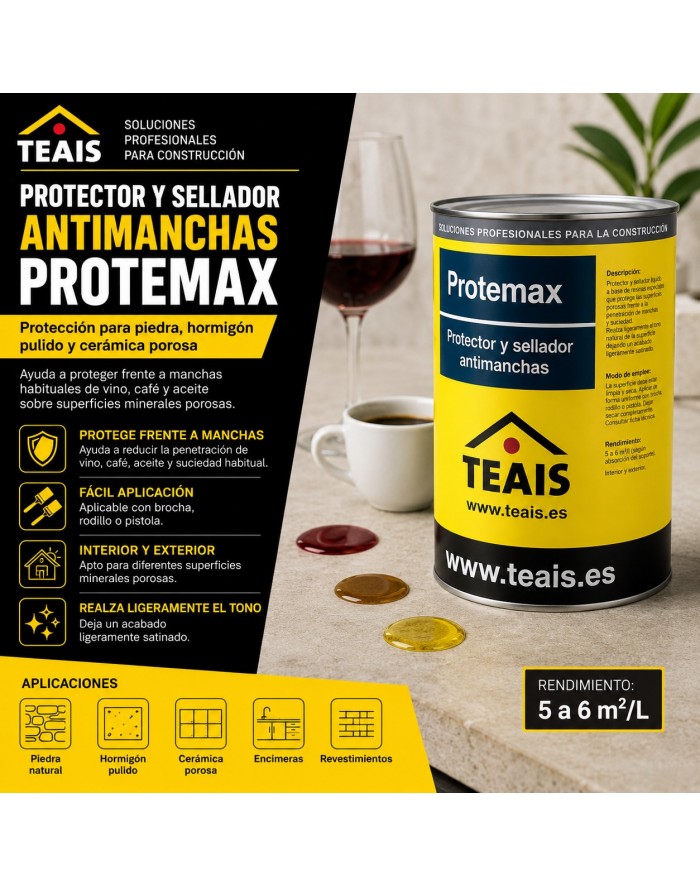 Rendimiento, ventajas y apliación del Sellador anti manchas de materiales porosos protemax,