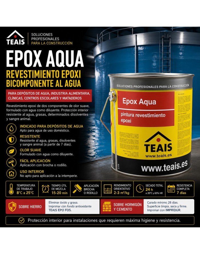 Características y aplicación de EPOX AQUA TEAIS para depósitos, industria alimentaria, clínicas y mataderos