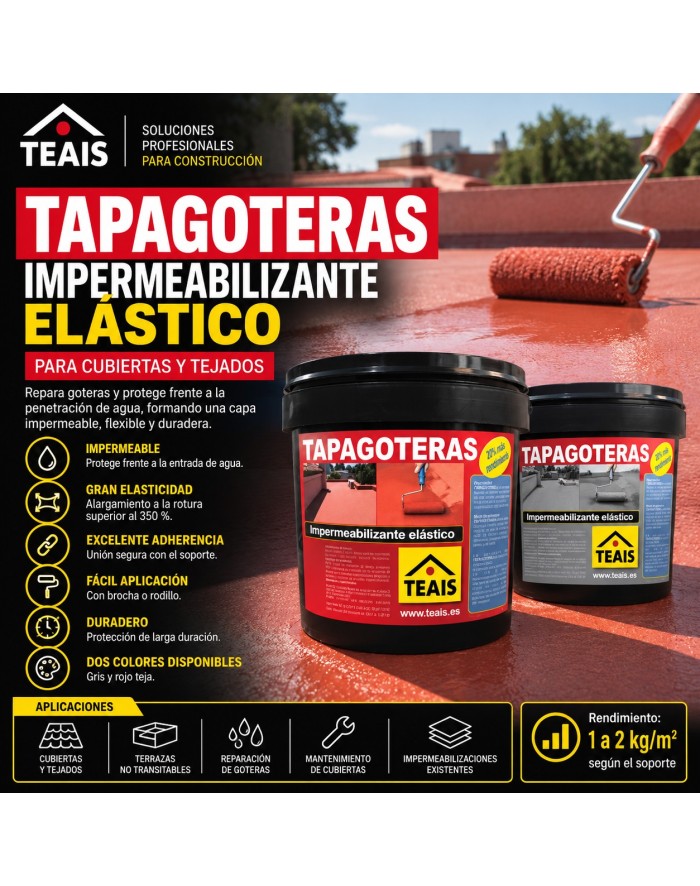 Tapagoteras TEAIS, impermeabilizante elástico para reparar goteras en cubiertas y tejados, disponible en gris y rojo teja