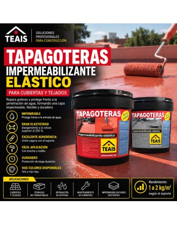 Tapagoteras TEAIS, impermeabilizante elástico para reparar goteras en cubiertas y tejados, disponible en gris y rojo teja
