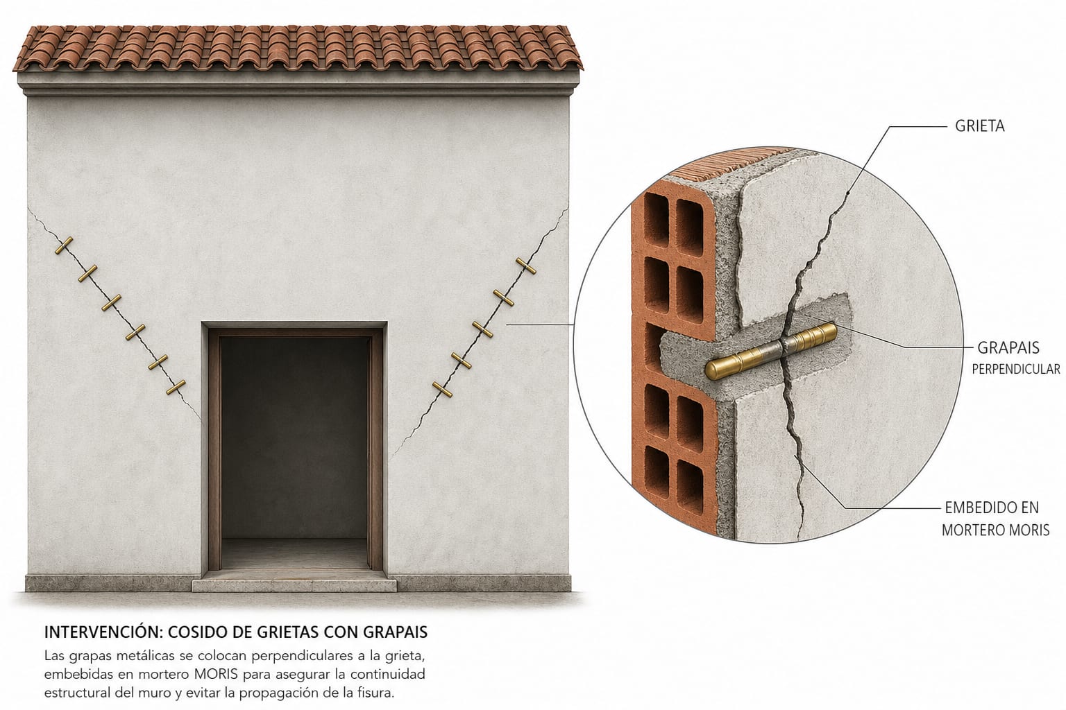 Cosido con GRAPAIS perpendicular a cada diagonal, no paralelo a la grieta; detalle de alojamiento en fábrica (según documentación TEAIS).
