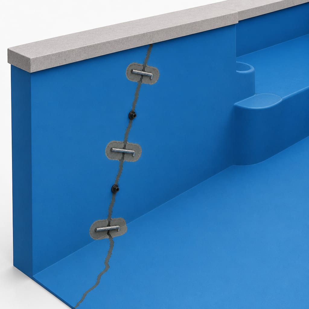 Acabado azul liso; GRAPAIS 300, sellado e inyección en hormigón macizo (Fig. 41–42).