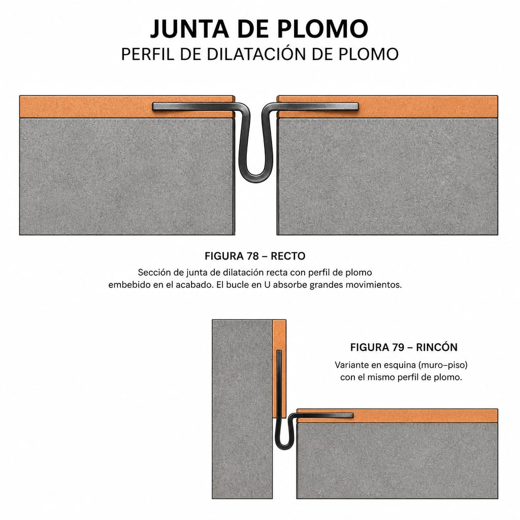 Junta de plomo en tramo recto (Fig. 78) o en rincón (Fig. 79), con bucle para absorber oscilaciones grandes.