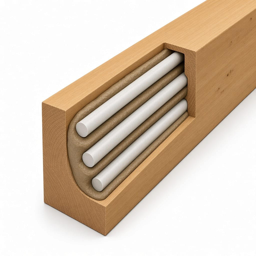 Recomposición de sección con MADEPOIS y varillas de fibra de vidrio ancladas en madera sana.