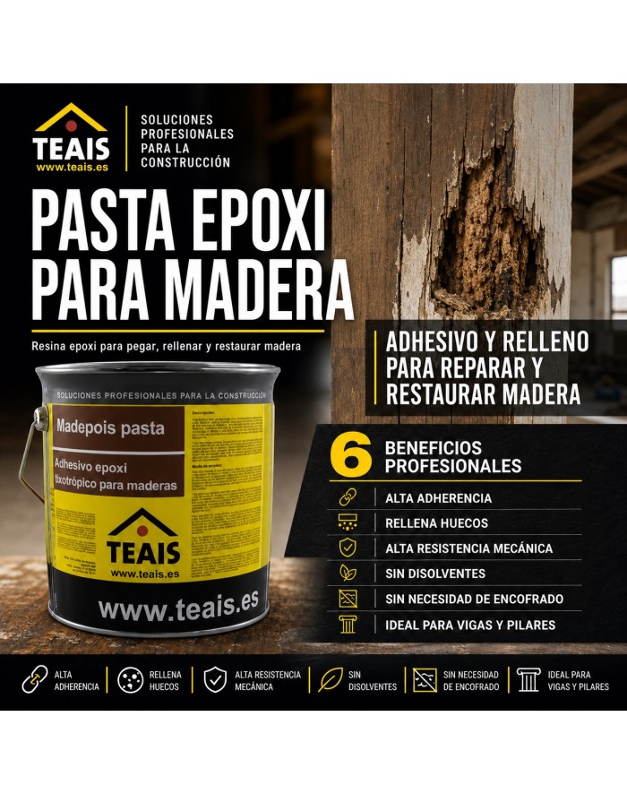 Envase de MADEPOIS PASTA, adhesivo epoxi tixotrópico para madera.