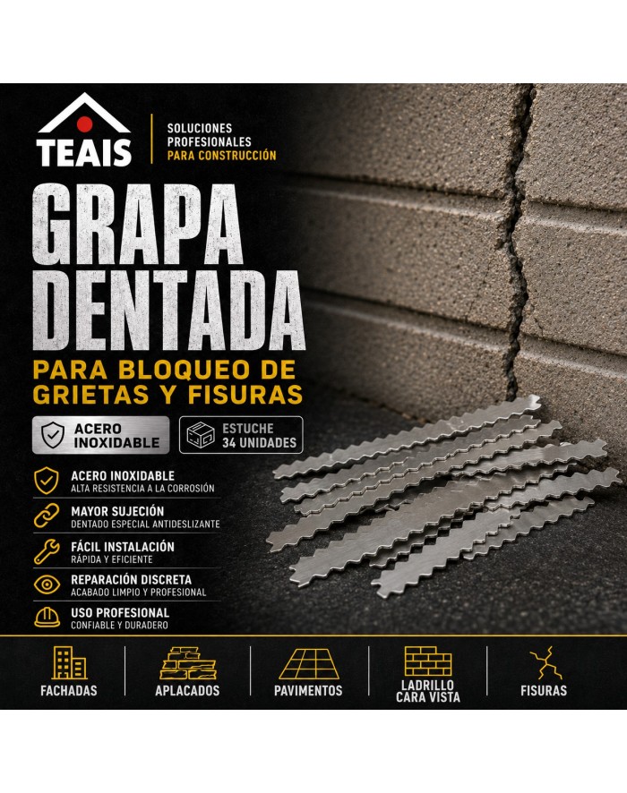 Grapa dentada TEAIS para reparación de grietas.